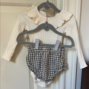 Baby Set. Cream onesie with deep greenish gray gingham bloomers.